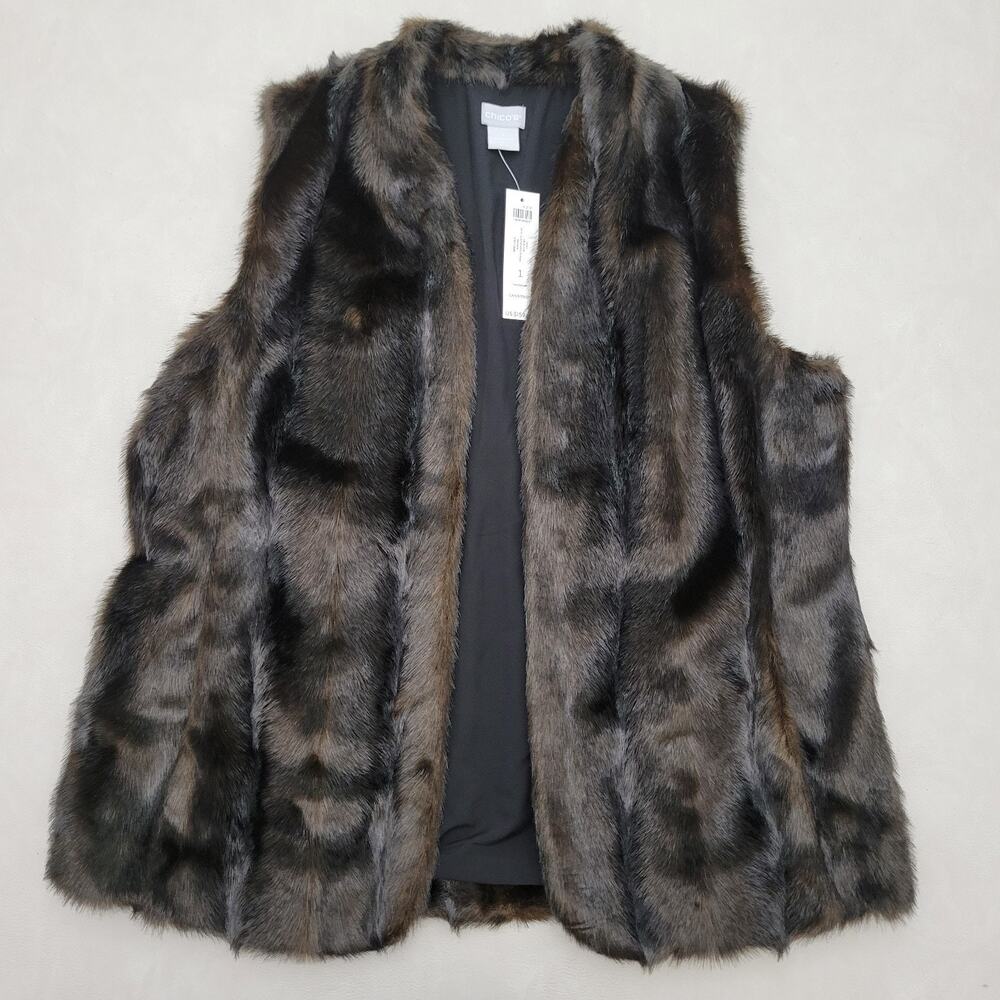 New Chico's Women's Vest Size 1 Brown Faux Fur Sleeveless Top Open Front